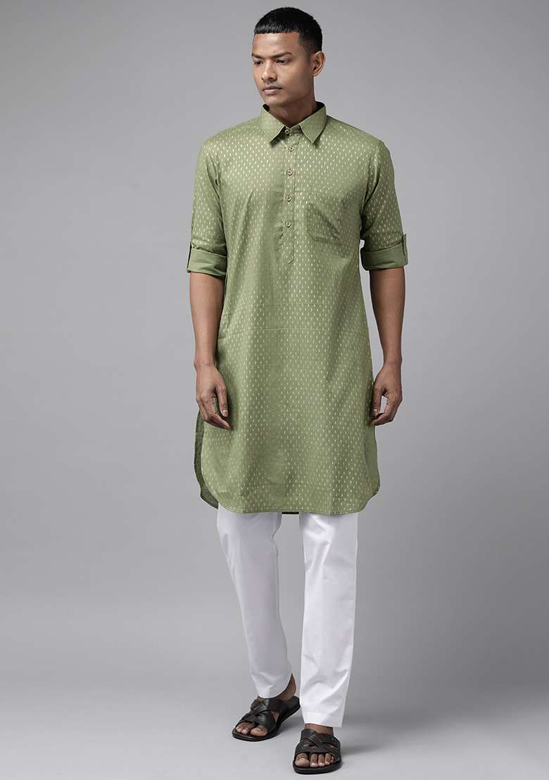 Olive Cotton Pathani Kurta Set For Men - Indya