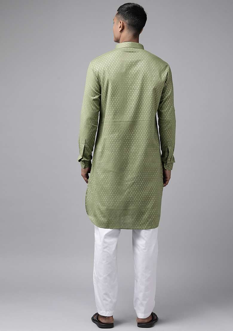 Olive Cotton Pathani Kurta Set For Men - Indya