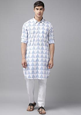 White Cotton Pathani Kurta Set For Men