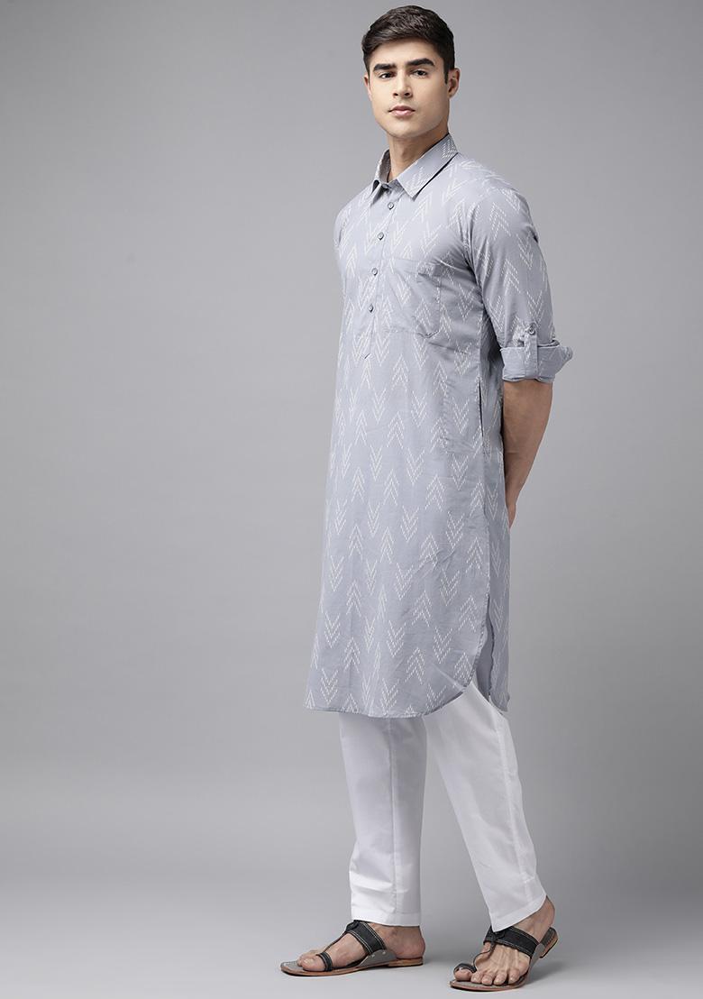 Grey Cotton Pathani Kurta Set For Men