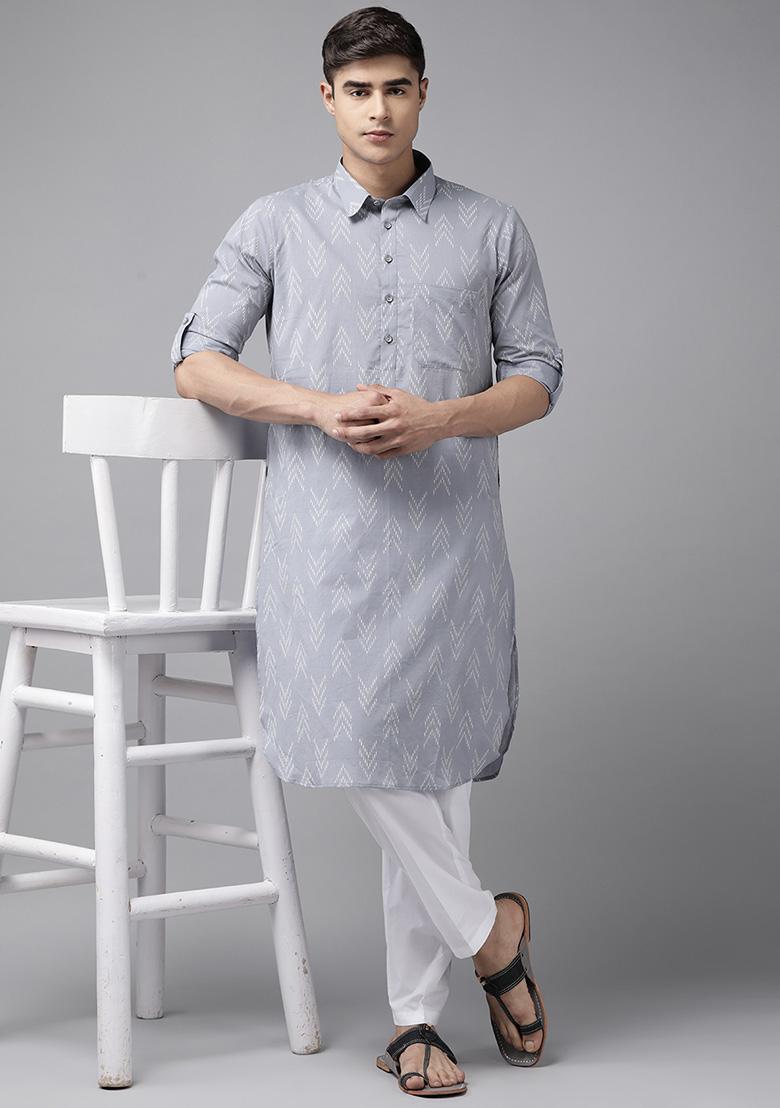 Grey Cotton Pathani Kurta Set For Men