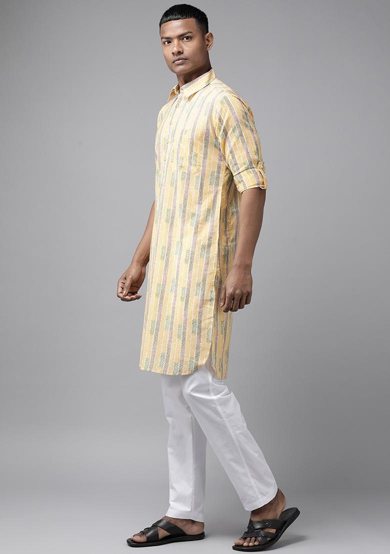 Yellow Cotton Pathani Kurta Set For Men