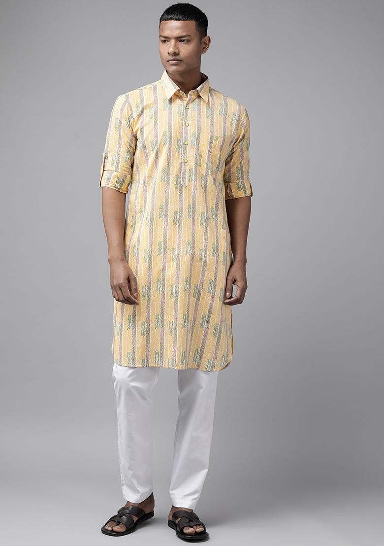 Yellow Cotton Pathani Kurta Set For Men