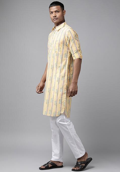 Yellow Cotton Pathani Kurta Set For Men