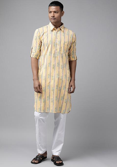 Yellow Cotton Pathani Kurta Set For Men