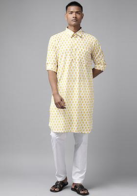 Off White Cotton Pathani Kurta Set For Men