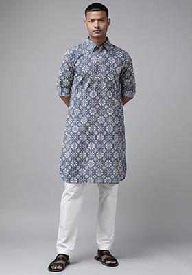 Indigo Pure Cotton Pathani Kurta Set For Men