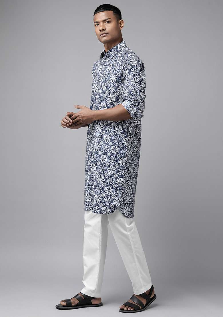 Indigo Pure Cotton Pathani Kurta Set For Men - Indya