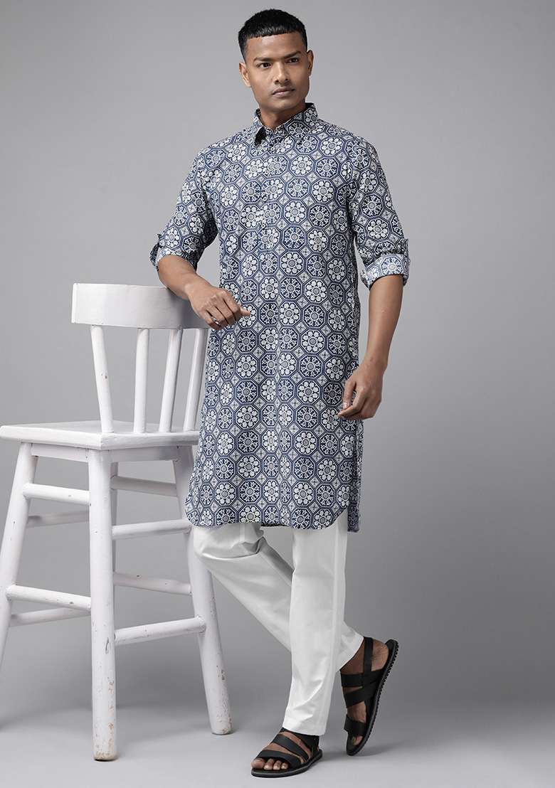 Indigo Pure Cotton Pathani Kurta Set For Men - Indya