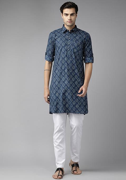 Indigo Pure Cotton Regular Pathani Kurta For Men