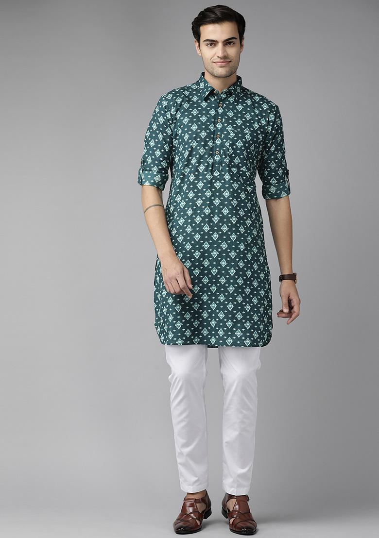 Teal Blue Pure Cotton Pathani Kurta For Men