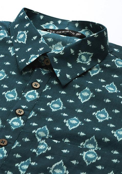 Teal Blue Pure Cotton Pathani Kurta For Men