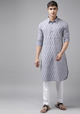 Grey Pure Cotton Regular Pathani Kurta For Men