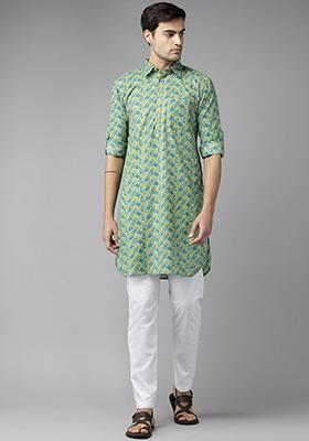 Green Pure Cotton Regular Pathani Kurta For Men