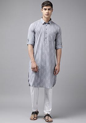 Grey Pure Cotton Pathani Kurta For Men