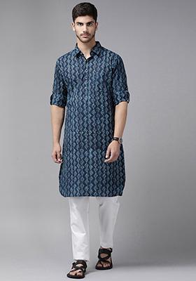 Navy Blue Pure Cotton Pathani Kurta For Men