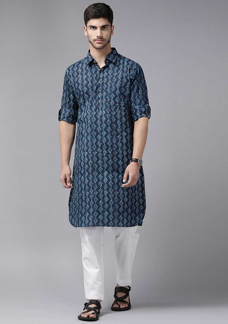 Navy Blue Pure Cotton Pathani Kurta For Men - Indya