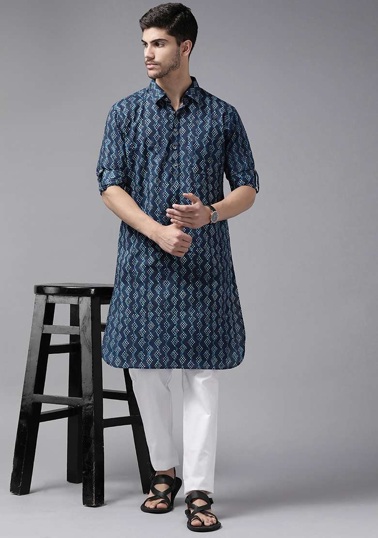 Navy Blue Pure Cotton Pathani Kurta For Men - Indya