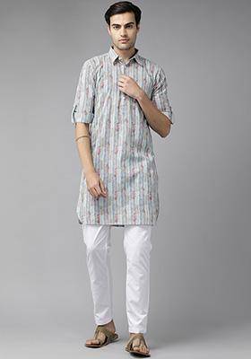 Blue Pure Cotton Pathani Kurta For Men