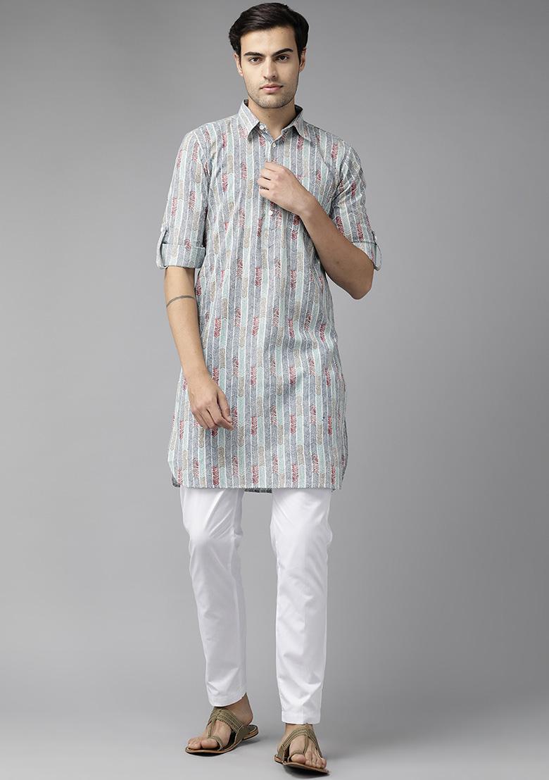 Blue Pure Cotton Pathani Kurta For Men