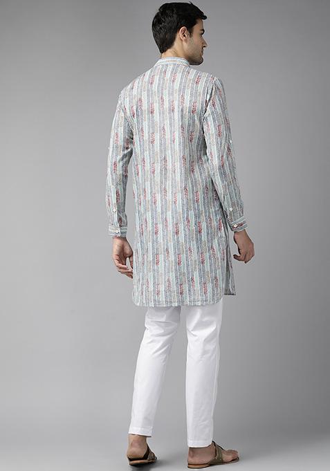 Blue Pure Cotton Pathani Kurta For Men