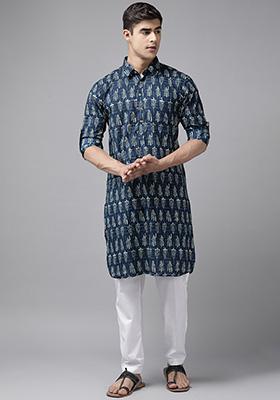 Navy Blue Cotton Pathani Kurta For Men