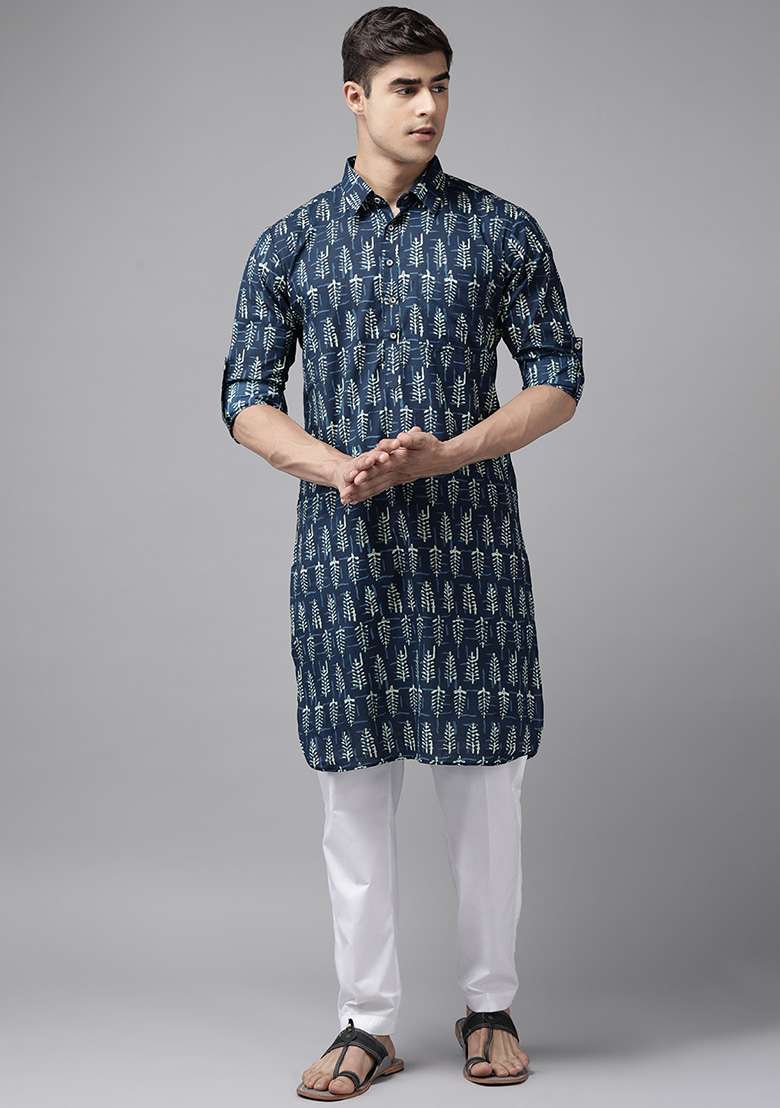 Navy Blue Cotton Pathani Kurta For Men - Indya