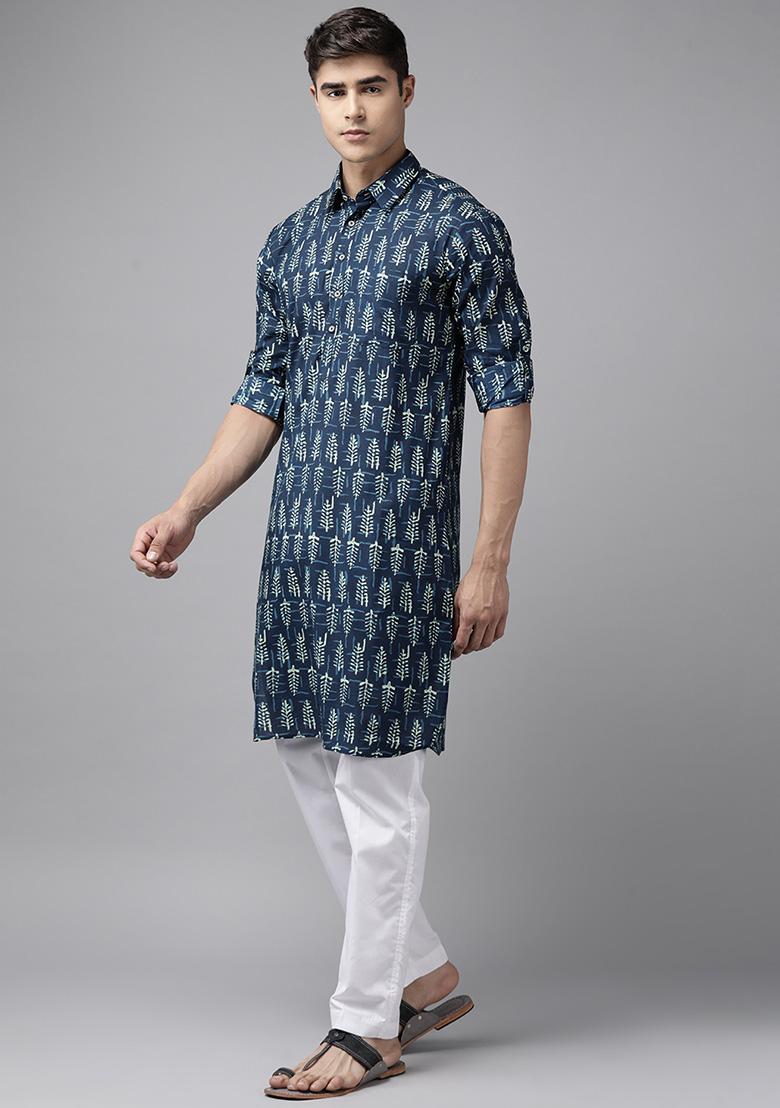 Navy Blue Cotton Pathani Kurta For Men