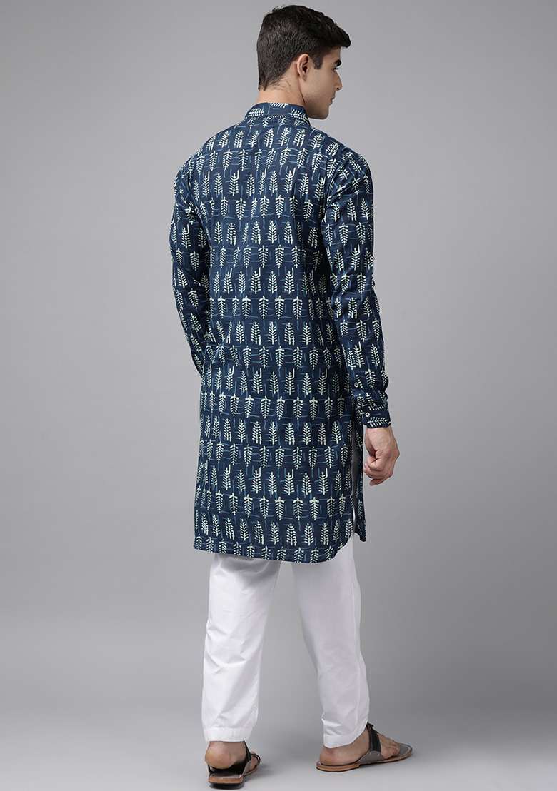 Navy Blue Cotton Pathani Kurta For Men - Indya
