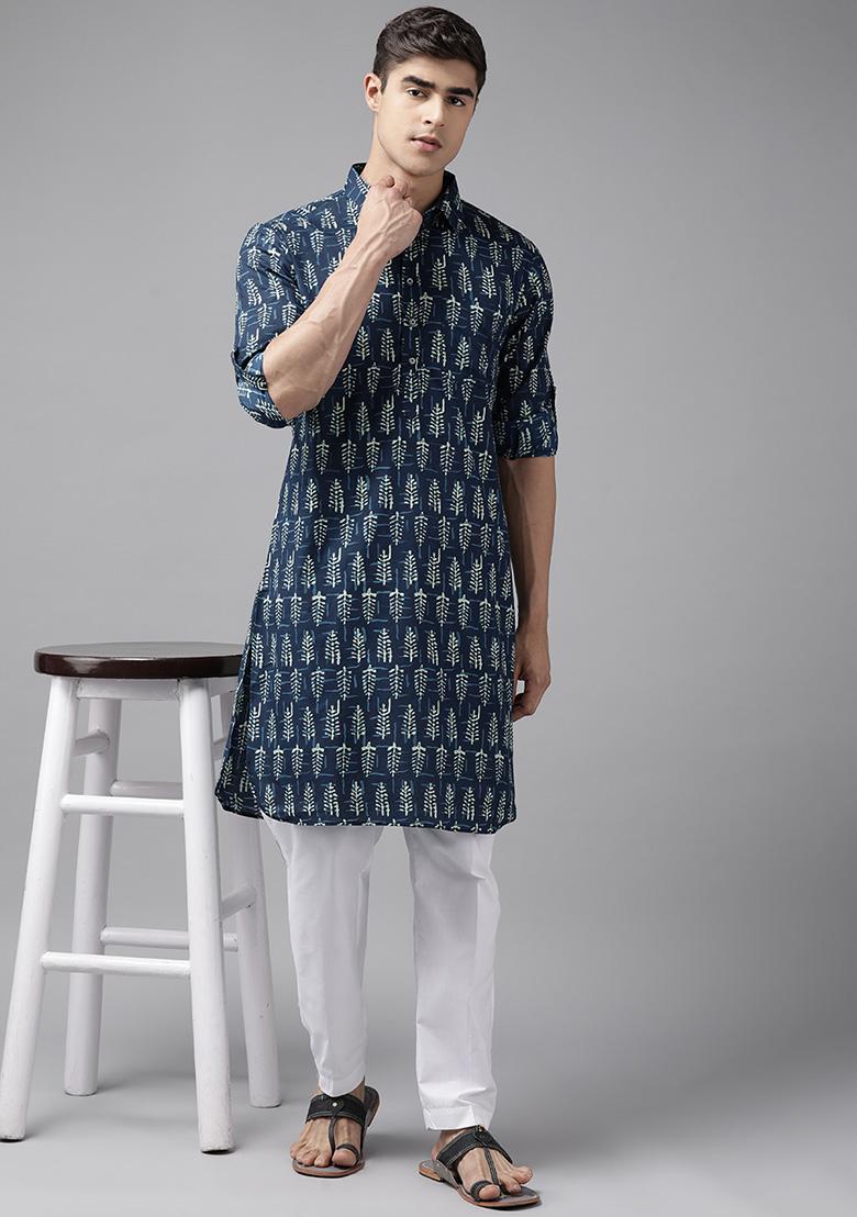 Navy Blue Cotton Pathani Kurta For Men