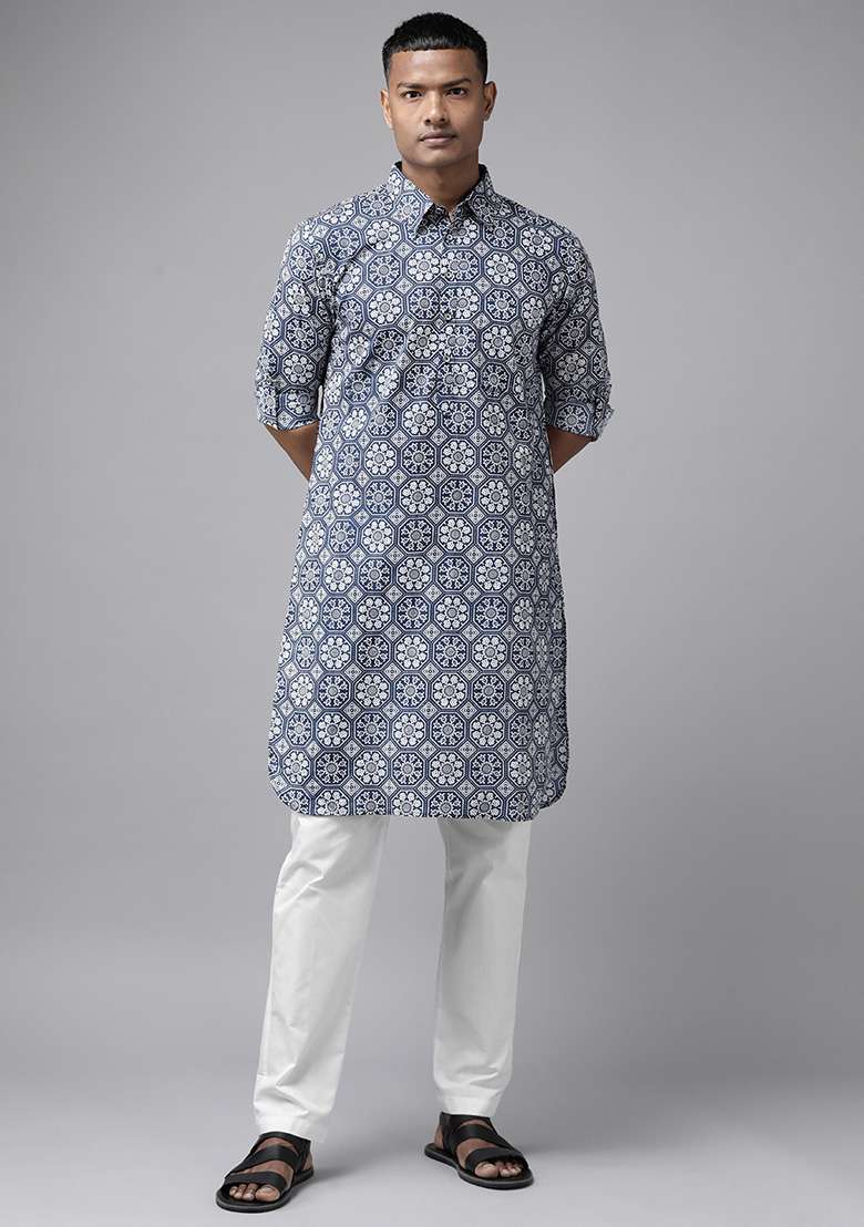 Navy Blue Cotton Regular Pathani Kurta For Men - Indya
