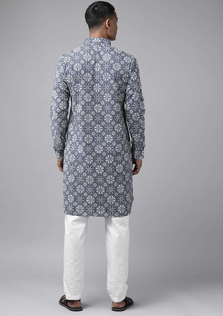 Navy Blue Cotton Regular Pathani Kurta For Men - Indya