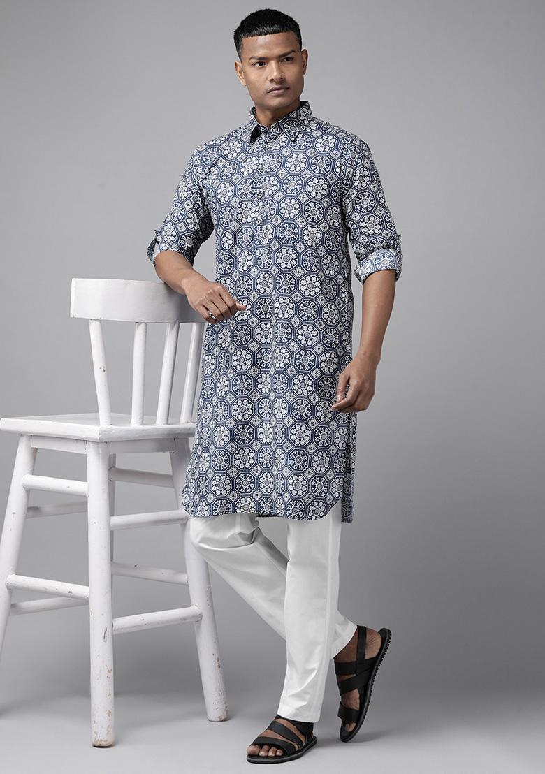 Navy Blue Cotton Regular Pathani Kurta For Men - Indya