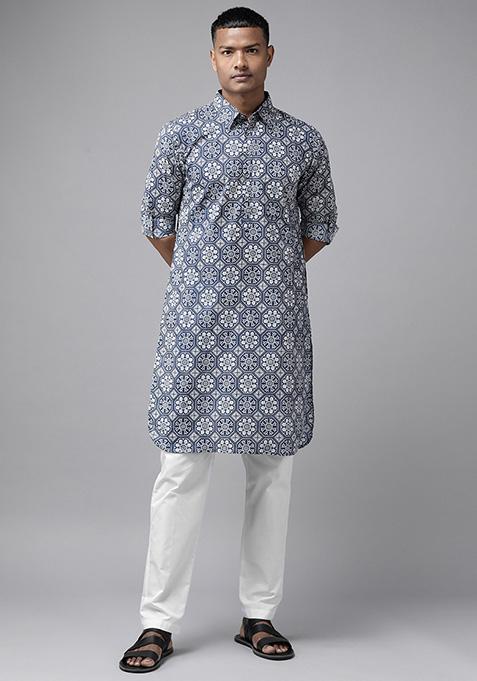 Navy Blue Cotton Regular Pathani Kurta For Men