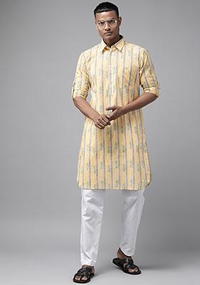 Yellow Pure Cotton Pathani Kurta For Men