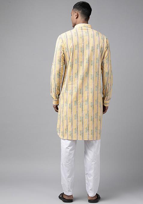 Yellow Pure Cotton Pathani Kurta For Men
