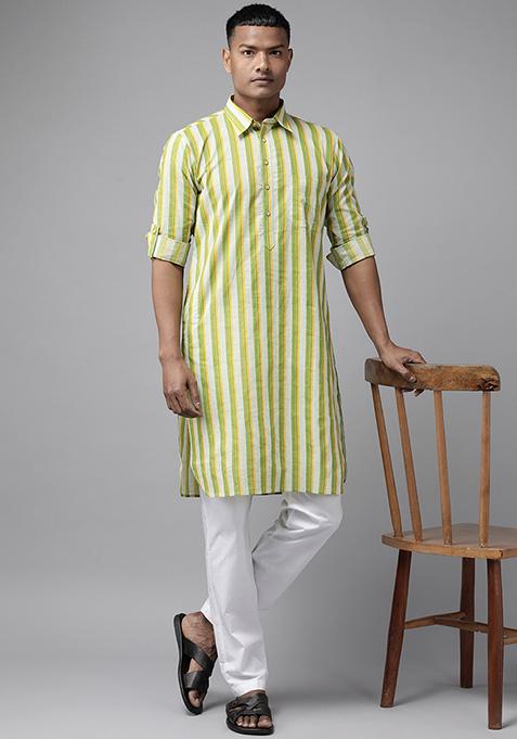 Lime Green Pure Cotton Pathani Kurta For Men