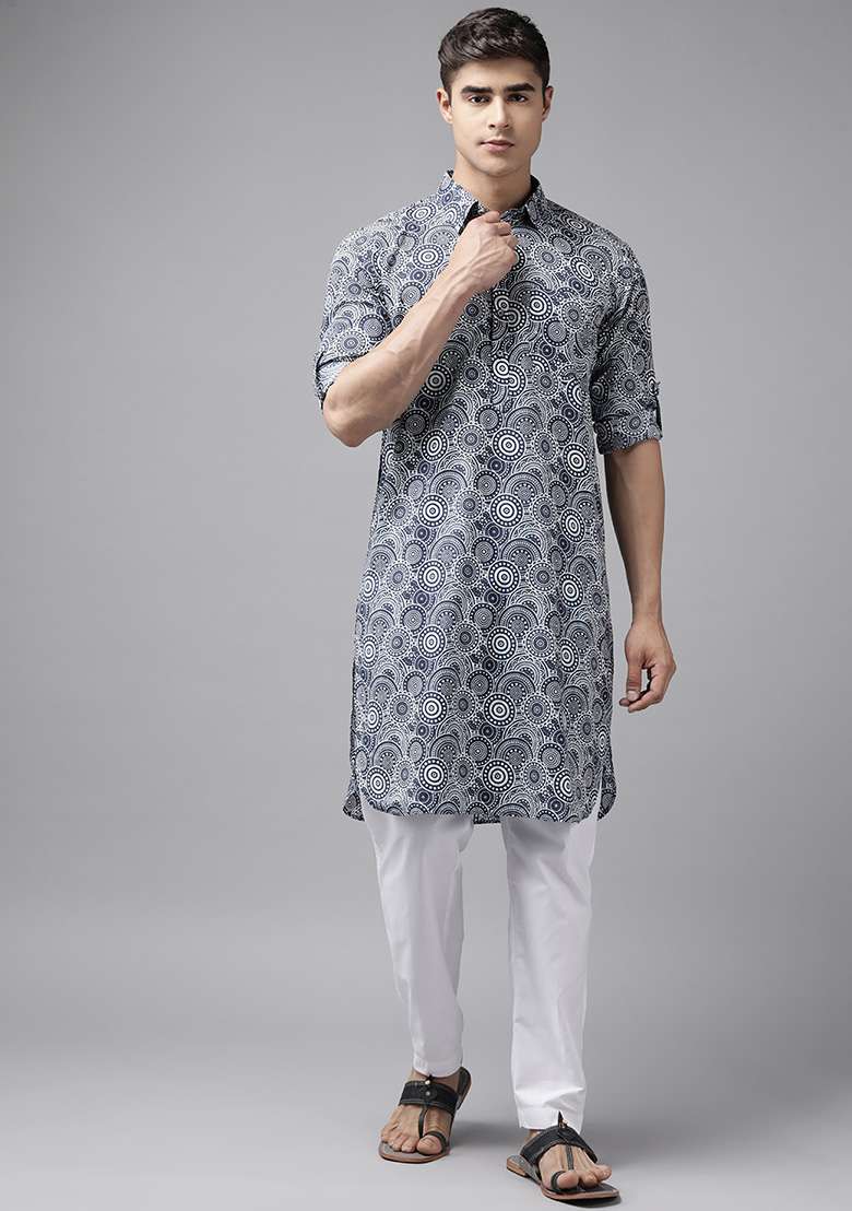 Navy Blue Regular Pathani Kurta For Men - Indya