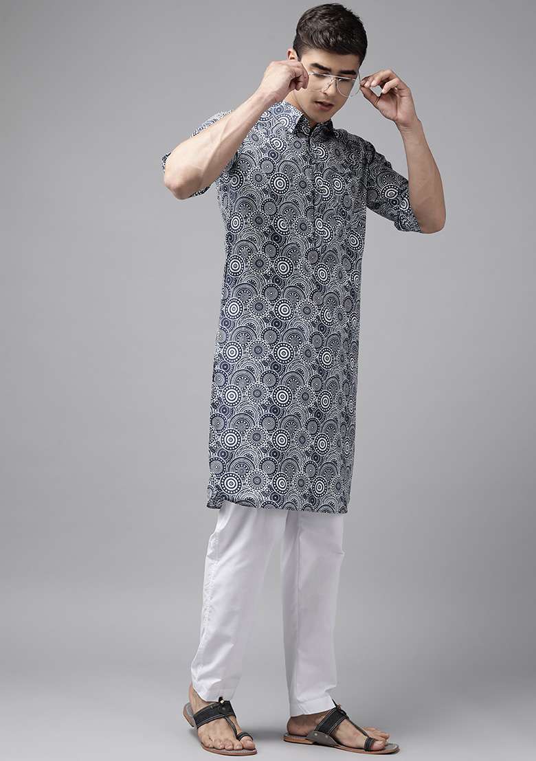 Navy Blue Regular Pathani Kurta For Men - Indya