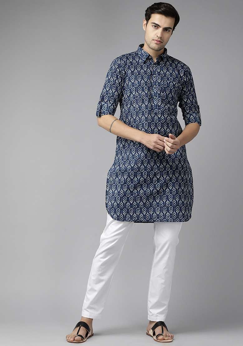 Indigo Blue Pure Cotton Regular Pathani Kurta For Men - Indya