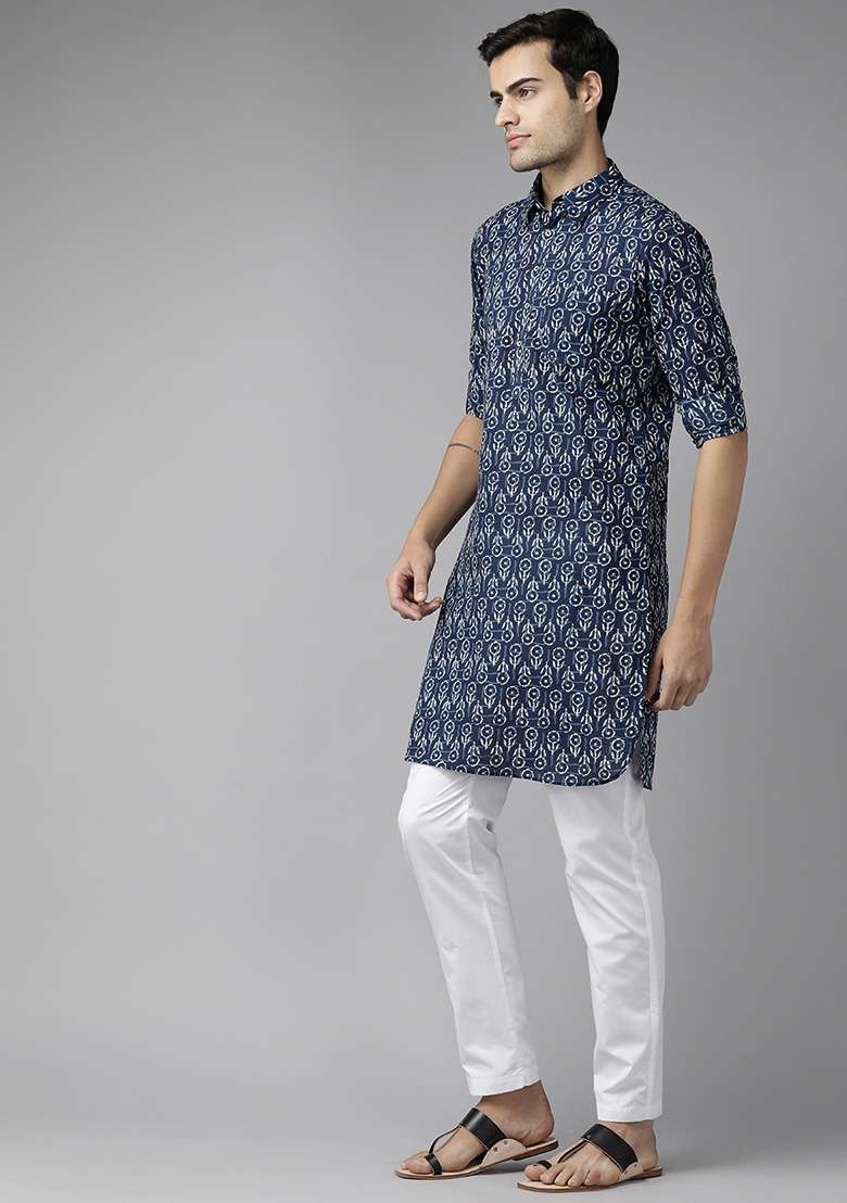 Indigo Blue Pure Cotton Regular Pathani Kurta For Men - Indya