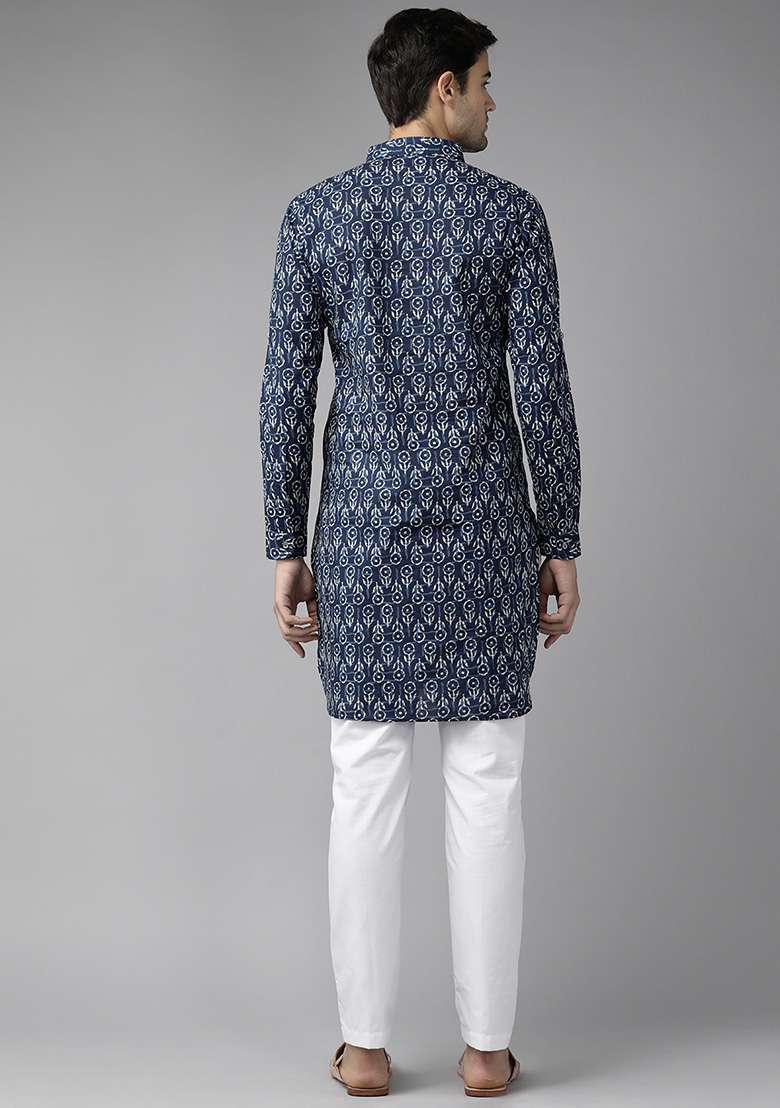 Indigo Blue Pure Cotton Regular Pathani Kurta For Men - Indya