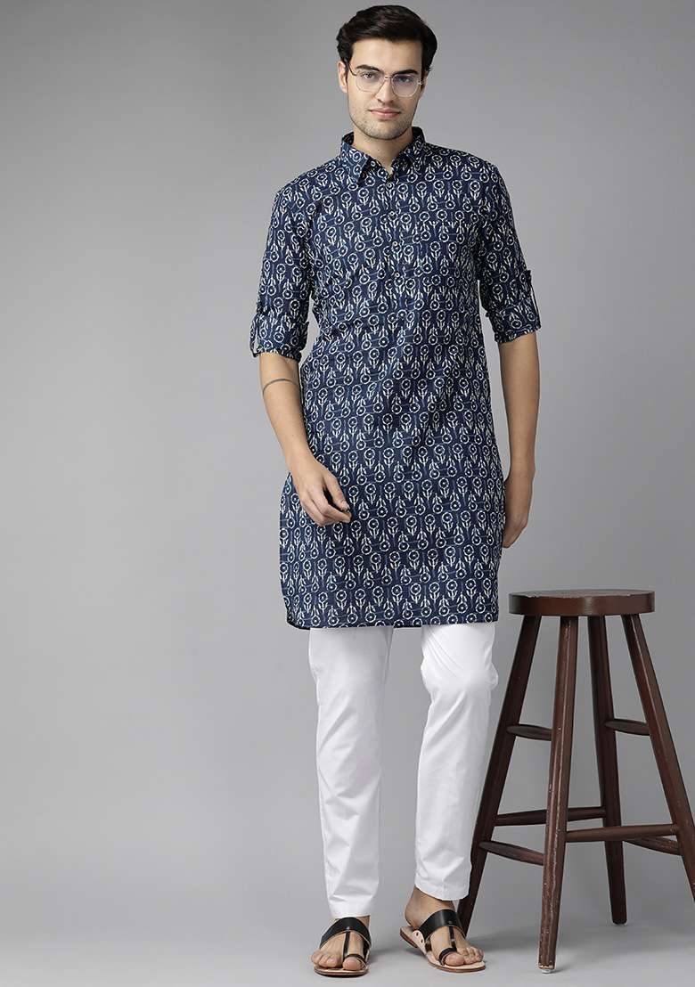 Indigo Blue Pure Cotton Regular Pathani Kurta For Men - Indya