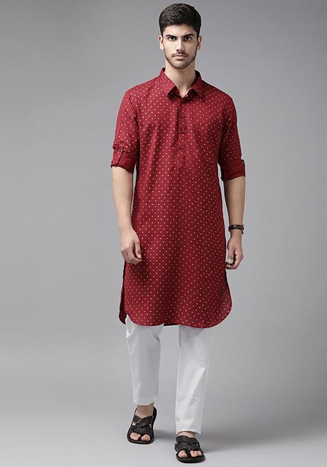 Maroon Pure Cotton Regular Pathani Kurta For Men