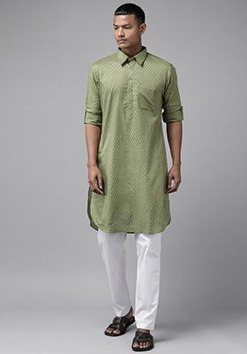 Olive Pure Cotton Regular Pathani Kurta For Men