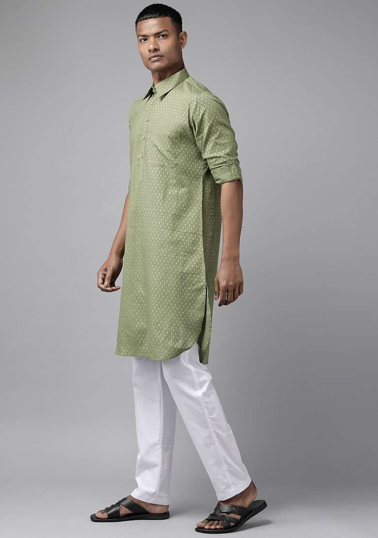Olive Pure Cotton Regular Pathani Kurta For Men - Indya