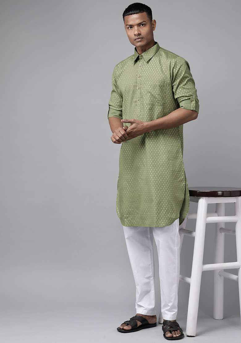 Olive Pure Cotton Regular Pathani Kurta For Men - Indya