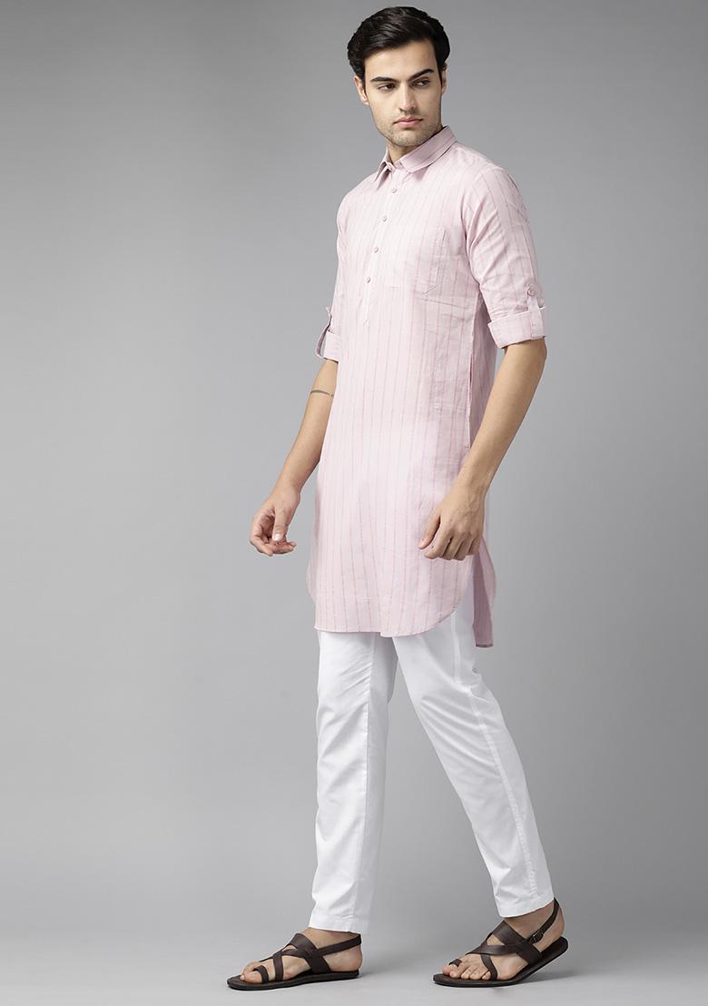 Pink Pure Cotton Regular Pathani Kurta For Men