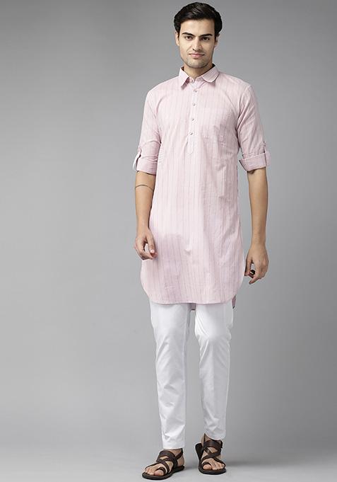 Pink Pure Cotton Regular Pathani Kurta For Men