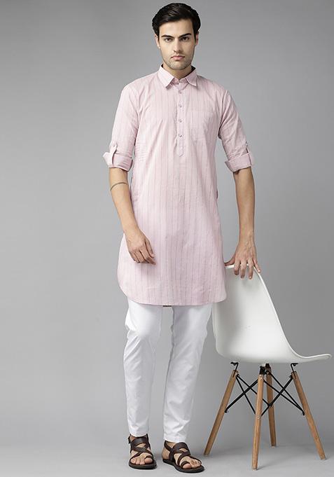 Pink Pure Cotton Regular Pathani Kurta For Men